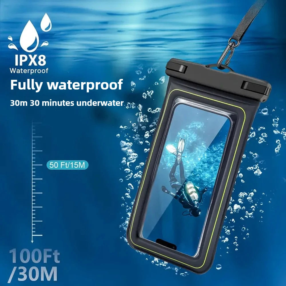 Waterproof phone bag designed for swimming and surfing, showcasing 30m submersion capability with IPX8 rating.