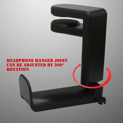 Adjustable PC gaming headphone stand with 360° rotating arm and sturdy metal clamp for desk mounting.