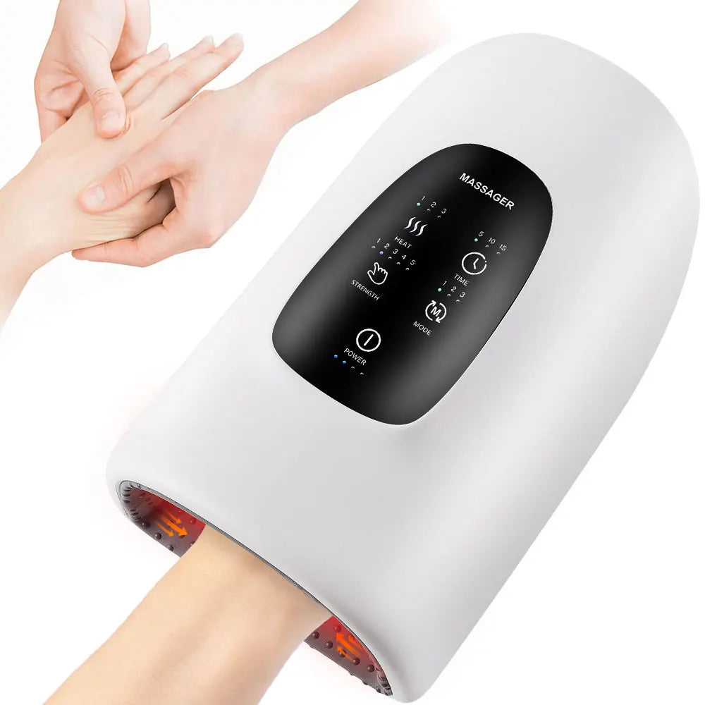Electric hand massager with airbag compression and heat therapy for relaxation and deep kneading.