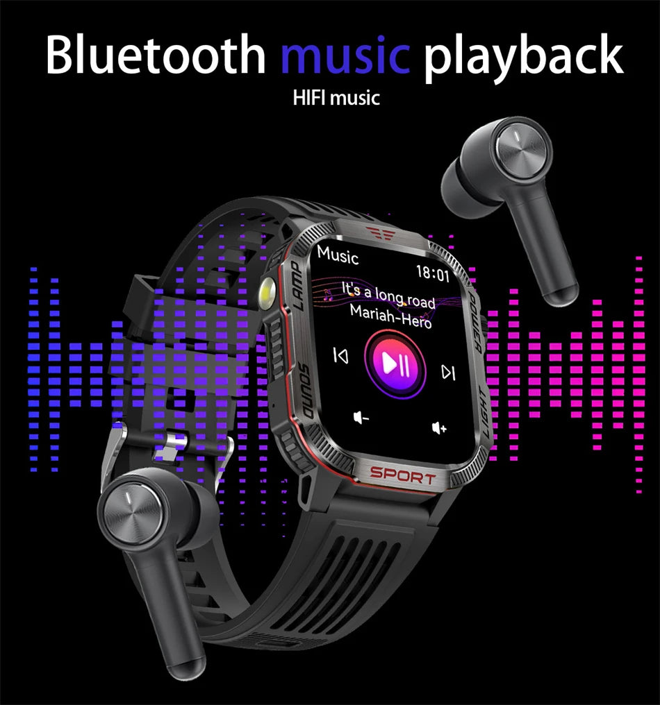 Bluetooth smartwatch with music playback, featuring wireless earbuds and HIFI sound quality.