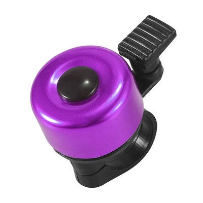 Purple aluminum alloy bicycle bell with a black handlebar mount for safety and loud sound.