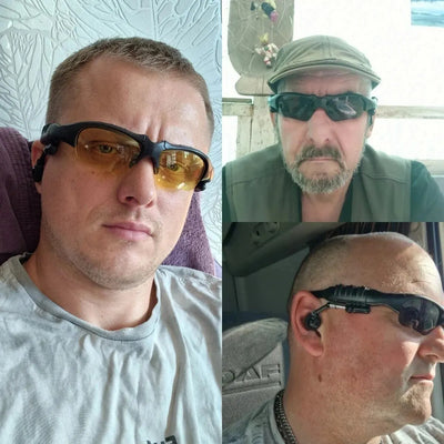 Collage of men wearing wireless sunglasses headset with Bluetooth earphones, ideal for driving and sports activities.