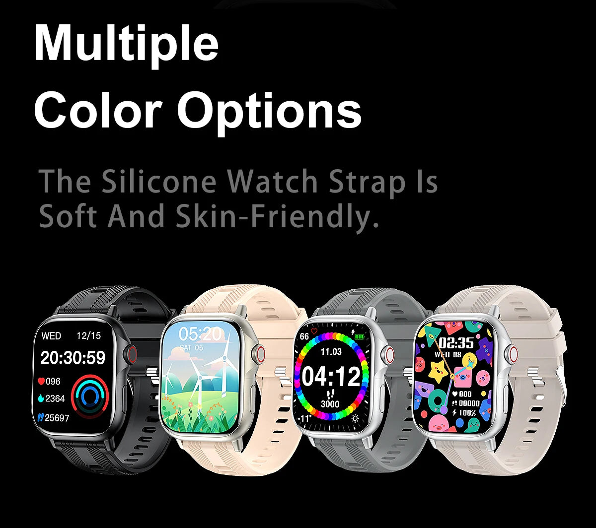 2025 smart watch in multiple colors with soft silicone watch strap, showcasing its user-friendly design.