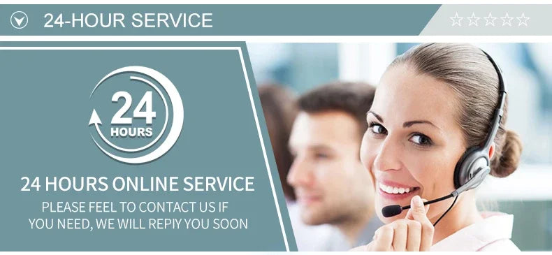 24-hour online customer service with a smiling representative wearing a headset, ready to assist clients.