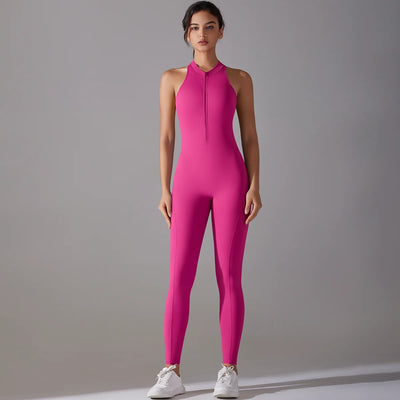 Women wearing a pink bodysuit with a high neck, perfect for yoga and fitness activities, showcasing a stylish athletic look.