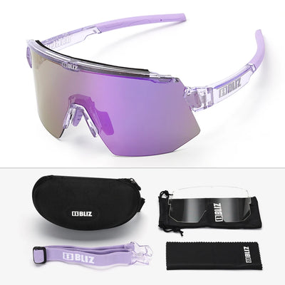 BLIZ Breeze polarized cycling glasses in purple with UV protection, including accessories and carrying case.