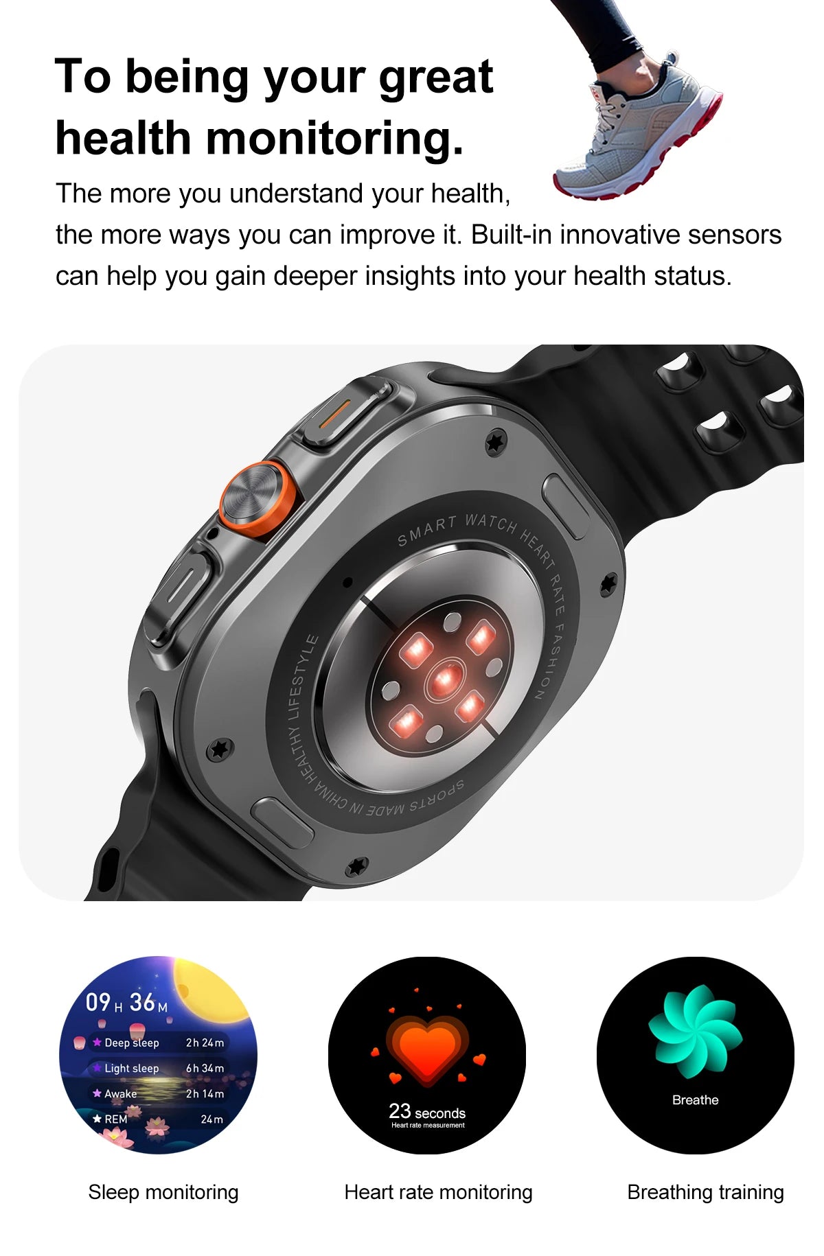 2025 OBAME Watch 7 Ultra Smartwatch back view with health monitoring sensors and icons for sleep, heart rate, and breathing.