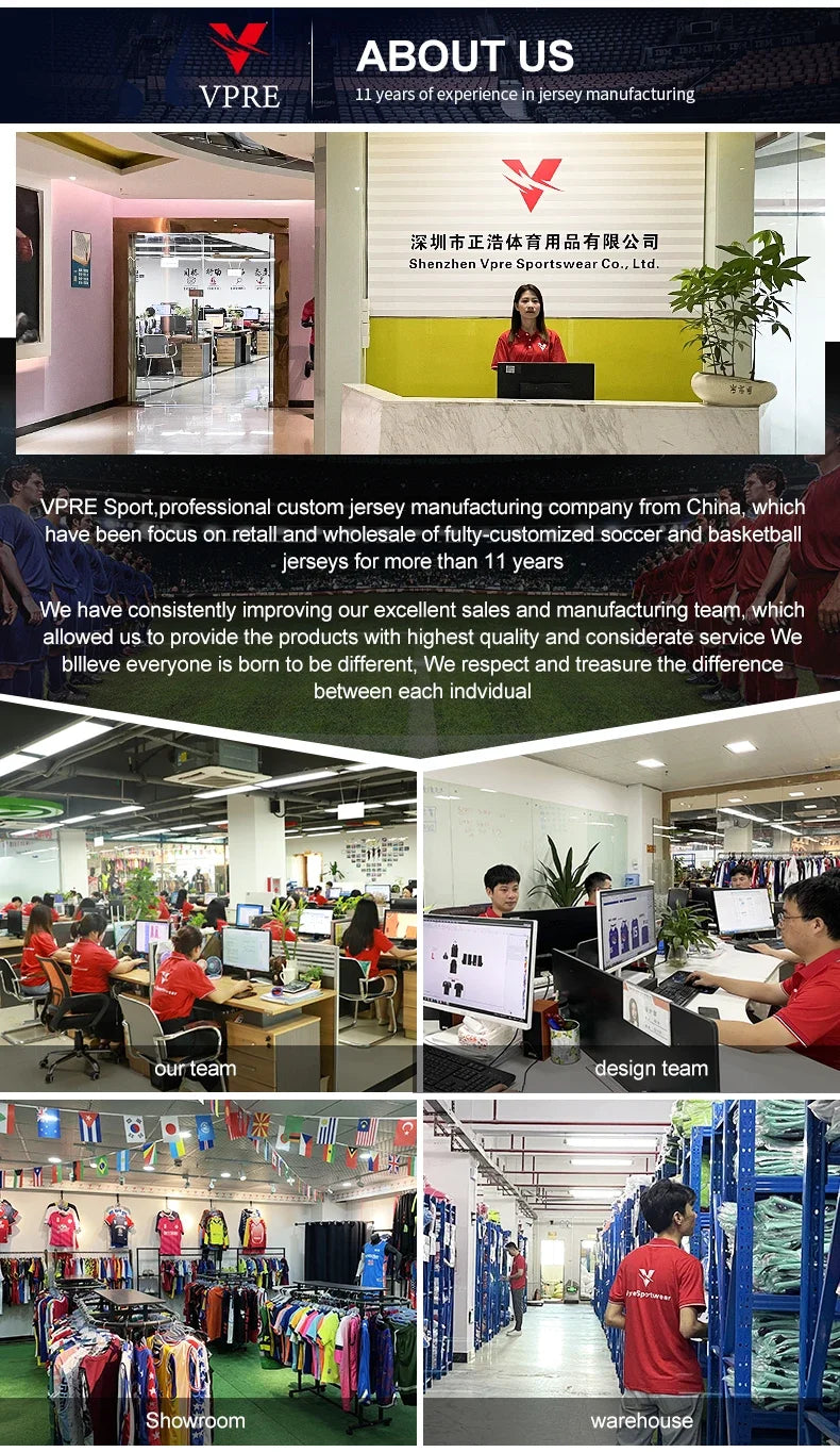 VPRE jersey manufacturing company overview, showcasing team, design area, and products in the showroom and warehouse.