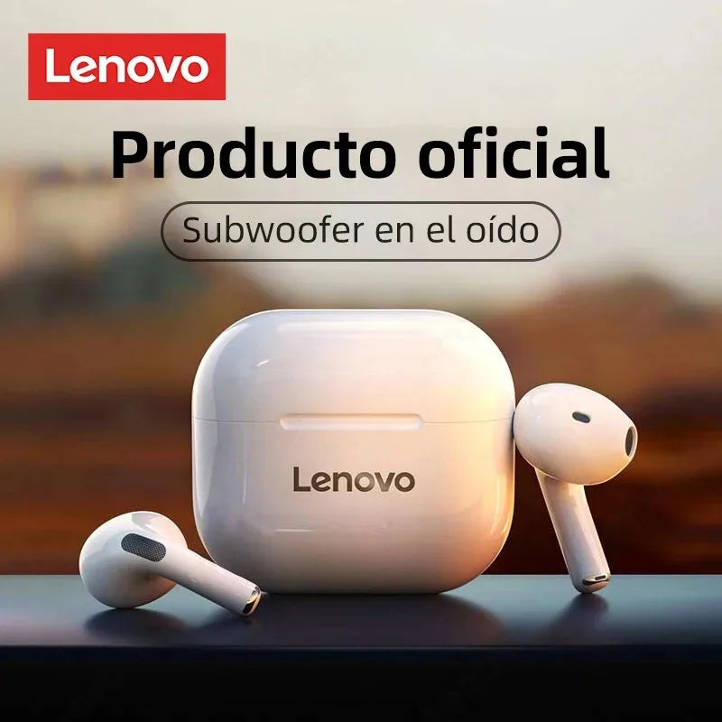 Lenovo wireless Bluetooth earphones with charging case, featuring subwoofer sounds and stylish design.