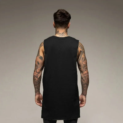 Men's solid color sleeveless cotton tank top for fitness and bodybuilding, showing back view and stylish design.
