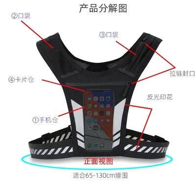 Reflective running vest backpack with multiple pockets and phone holder, ideal for outdoor sports.
