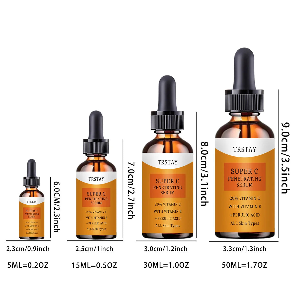 TRSTAY Super C Penetrating Essence with Vitamin C and E in multiple sizes for all skin types.