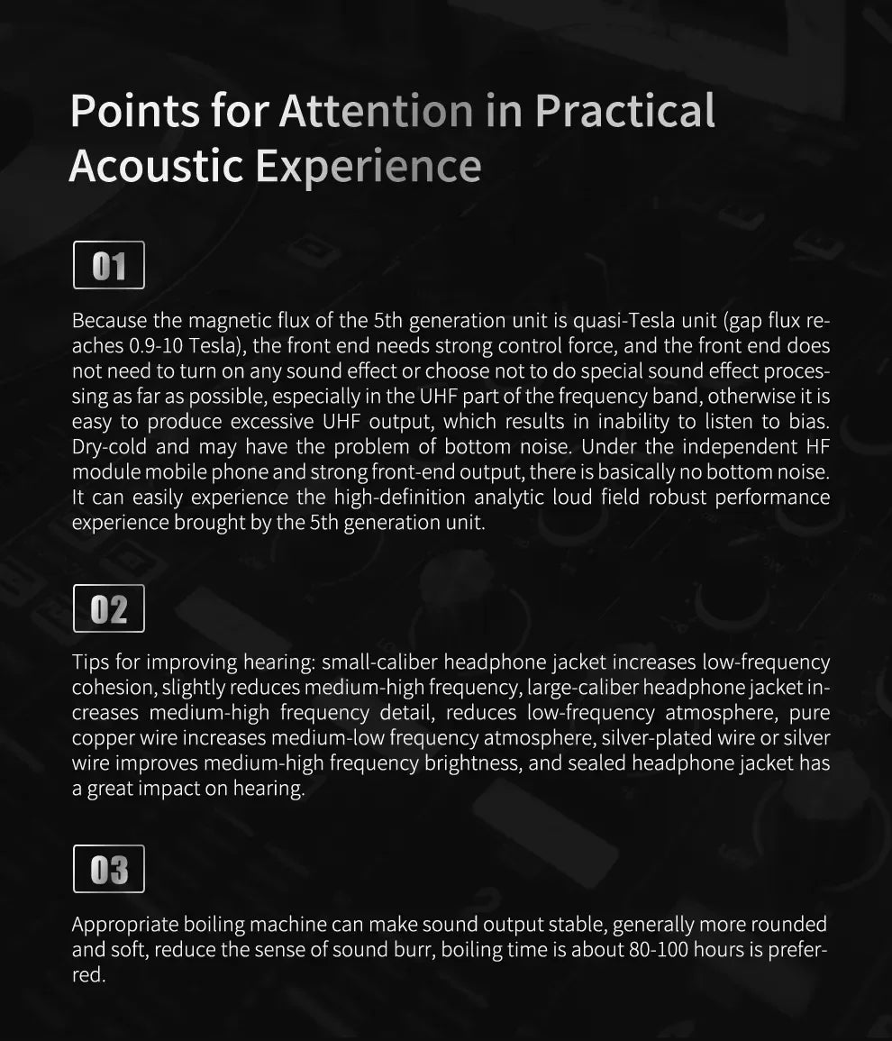 Infographic highlighting key points for practical acoustic experience and headphone performance tips.