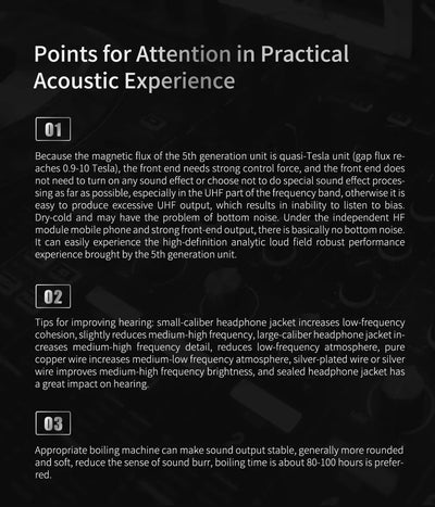 Infographic highlighting key points for practical acoustic experience and headphone performance tips.