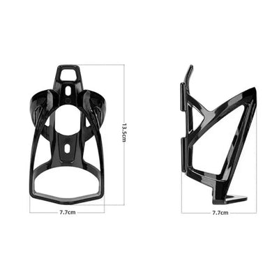 Lightweight black bicycle bottle cage holder, dimensions 7.7cm x 13.5cm, perfect for cycling enthusiasts.