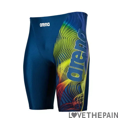 Men's swim jammer in blue with colorful wave design, ideal for swimming, surfing, and quick-dry comfort.