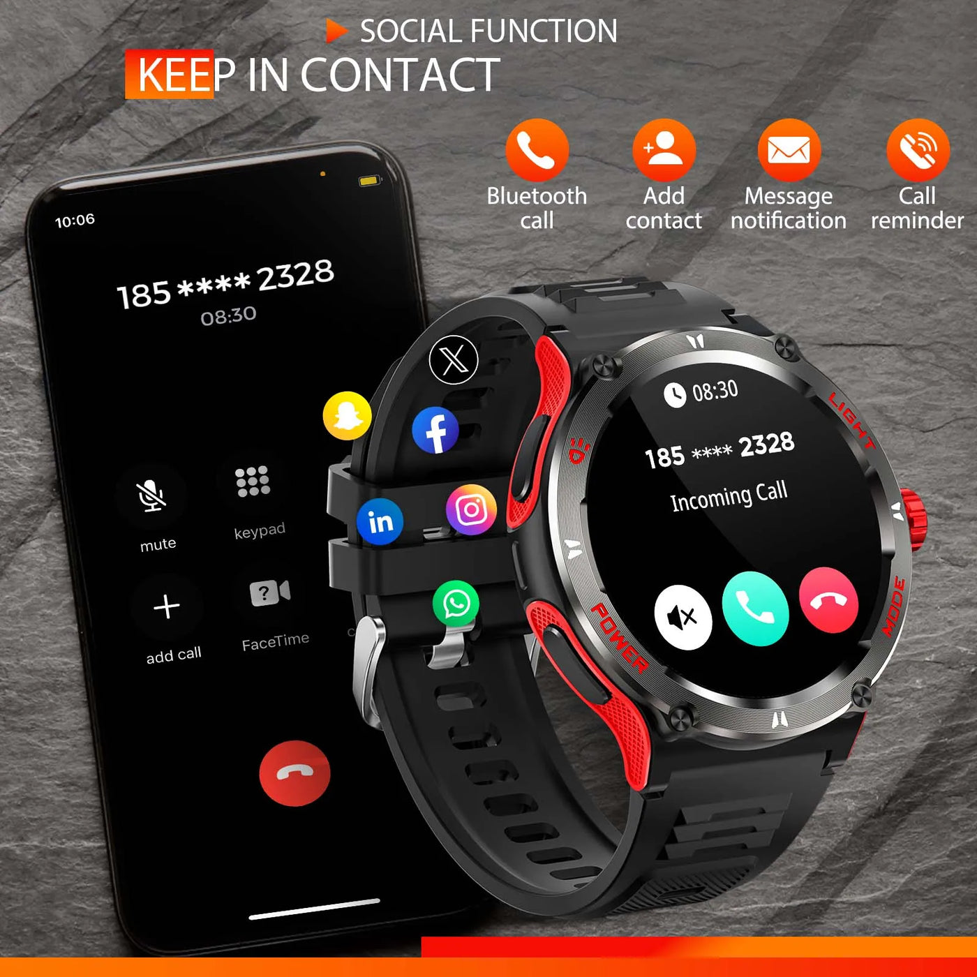 LaNikar Smart Watch displaying incoming call and social function notifications from a smartphone.