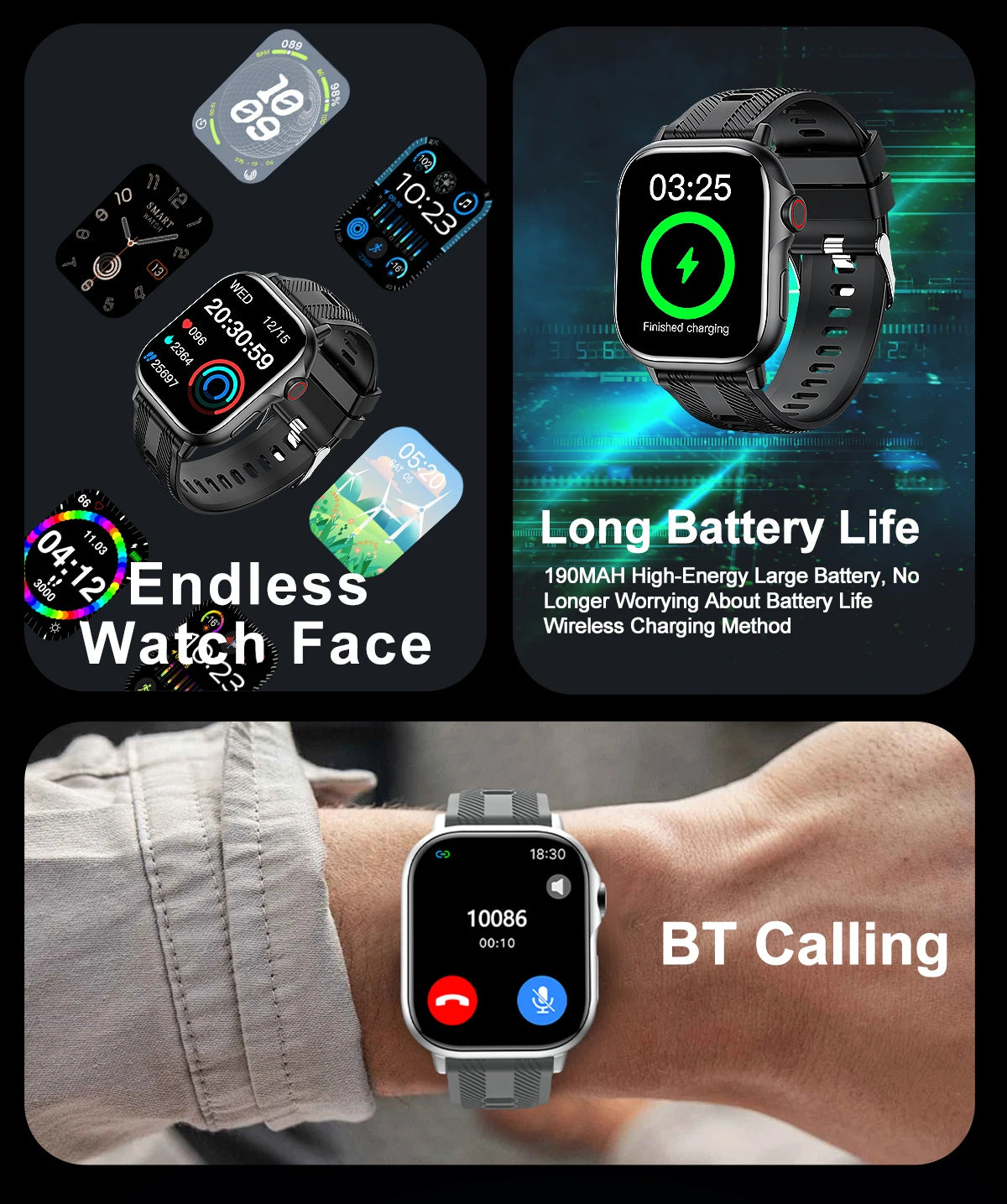 2025 Smart Watch features endless watch faces, long battery life, and BT calling capabilities, showing versatility and style.