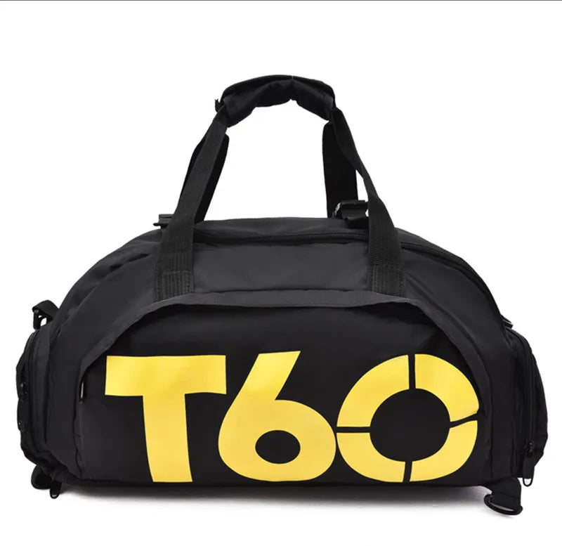 Waterproof gym bag designed for fitness, featuring bold yellow lettering, portable and ultralight for outdoor activities.
