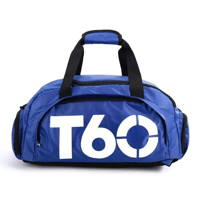 Blue waterproof gym bag with T60 logo, designed for fitness activities and travel, suitable for men and women.