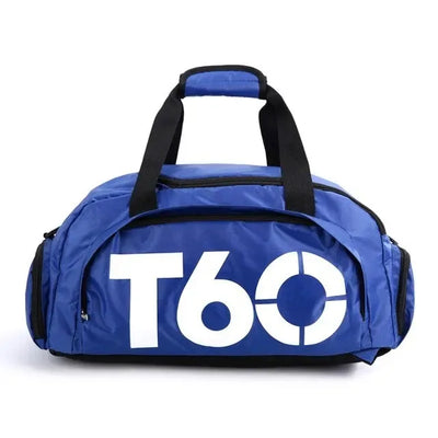 Blue waterproof gym bag with T60 logo, designed for fitness activities and travel, suitable for men and women.