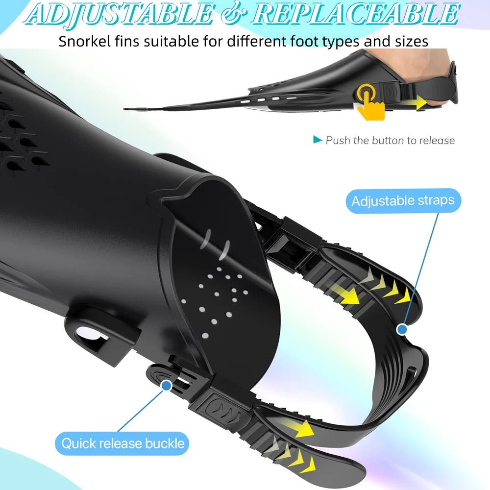 Adjustable snorkel fins with replaceable buckles, ideal for different foot types and sizes for swimming and diving.