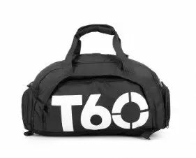Waterproof fitness gym bag for men and women in black with T60 logo, ideal for outdoor activities and travel.