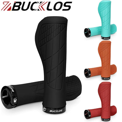 BUCKLOS ergonomic lock-on bike grips in various colors, made of soft rubber for comfort and durability.