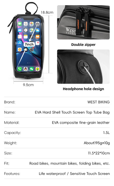 West Biking 7" bike phone bag features waterproof EVA material, touch screen, and headphone hole design for cyclists.