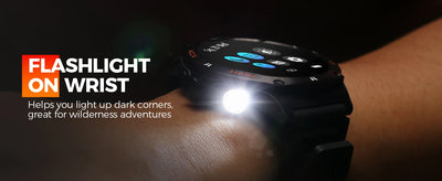 LaNikar Smart Watch on wrist with flashlight feature for enhancing visibility during outdoor adventures.