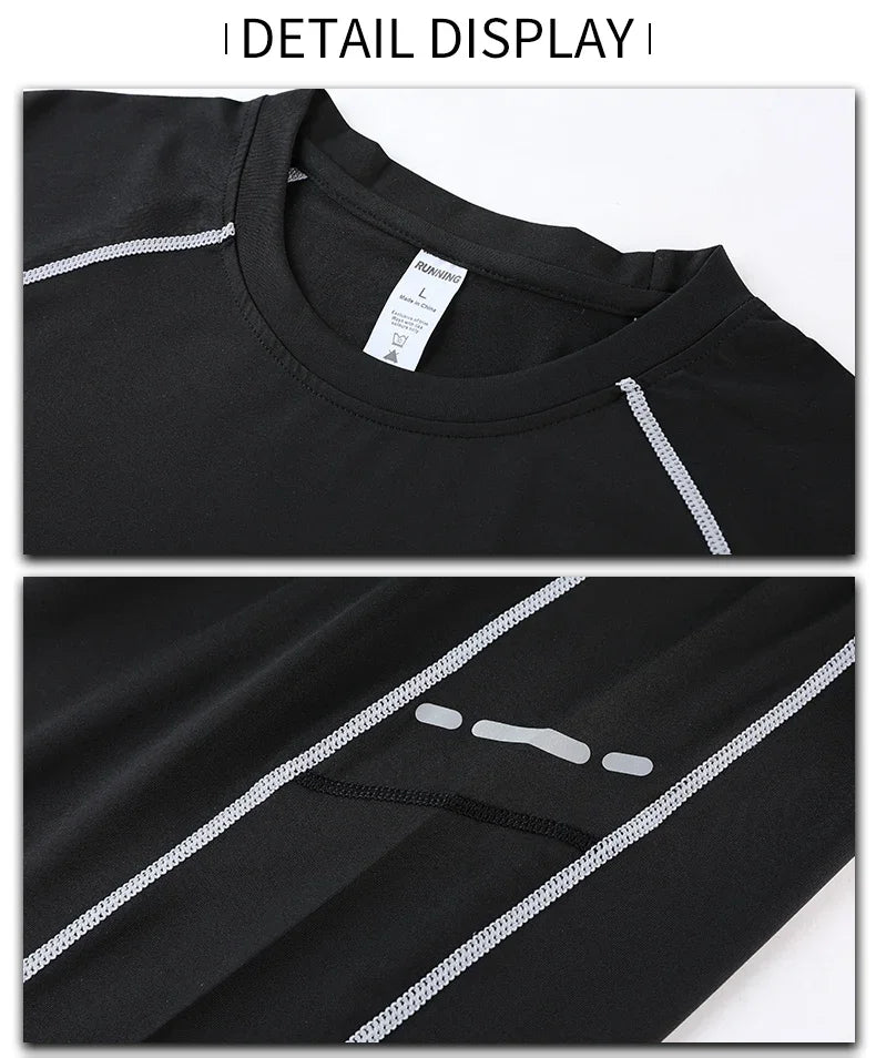 Detail display of men's compression sportswear shirt featuring O-neck design and reflective accents.