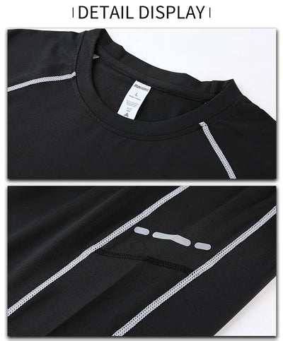 Detail display of men's compression sportswear shirt featuring O-neck design and reflective accents.