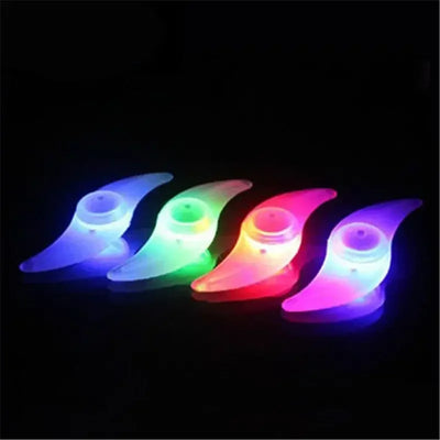 Colorful LED bicycle spoke lights in four designs, ideal for enhancing safety and visibility during night rides.