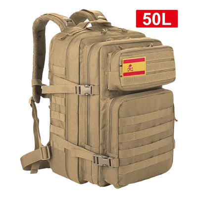 50L tactical backpack with Spanish flag, perfect for hiking, camping, and outdoor activities. Durable and multifunctional design.