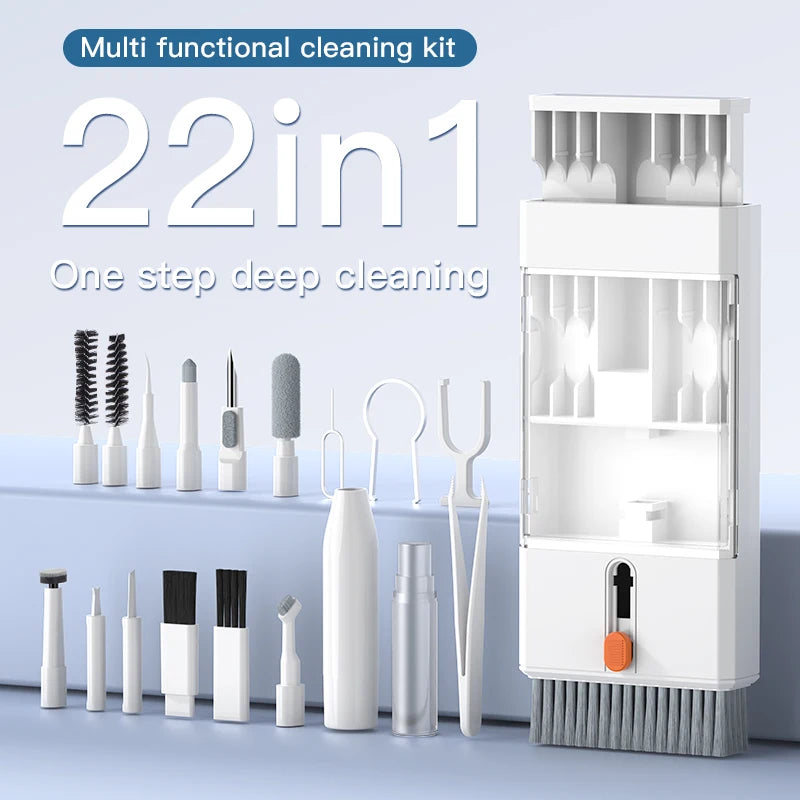 22-in-1 multi-function cleaning kit for deep cleaning iPhone, AirPods, iPad, PC, and more with various cleaning tools.