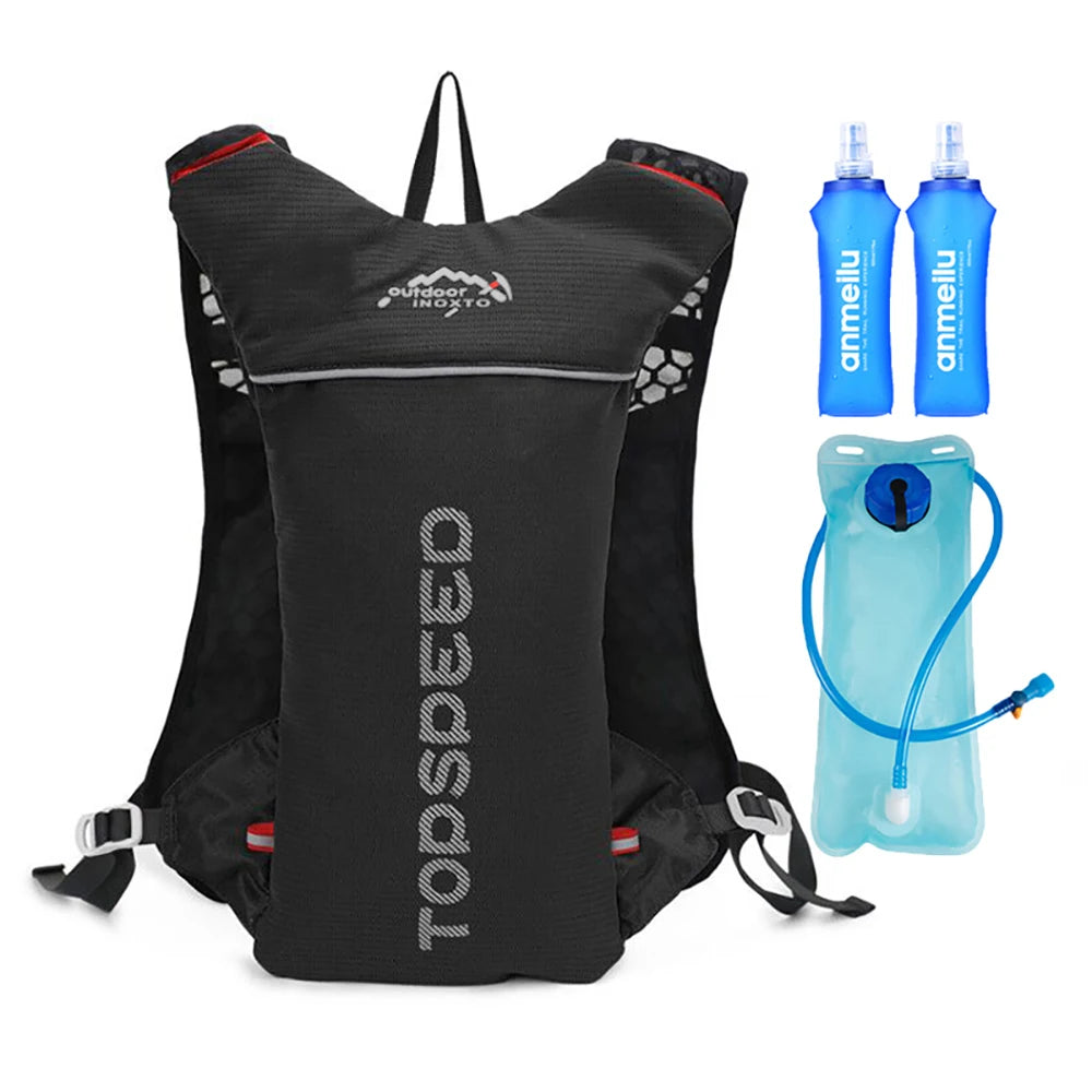 Ultralight hydration running vest backpack with water bottles and hydration bladder for outdoor sports.