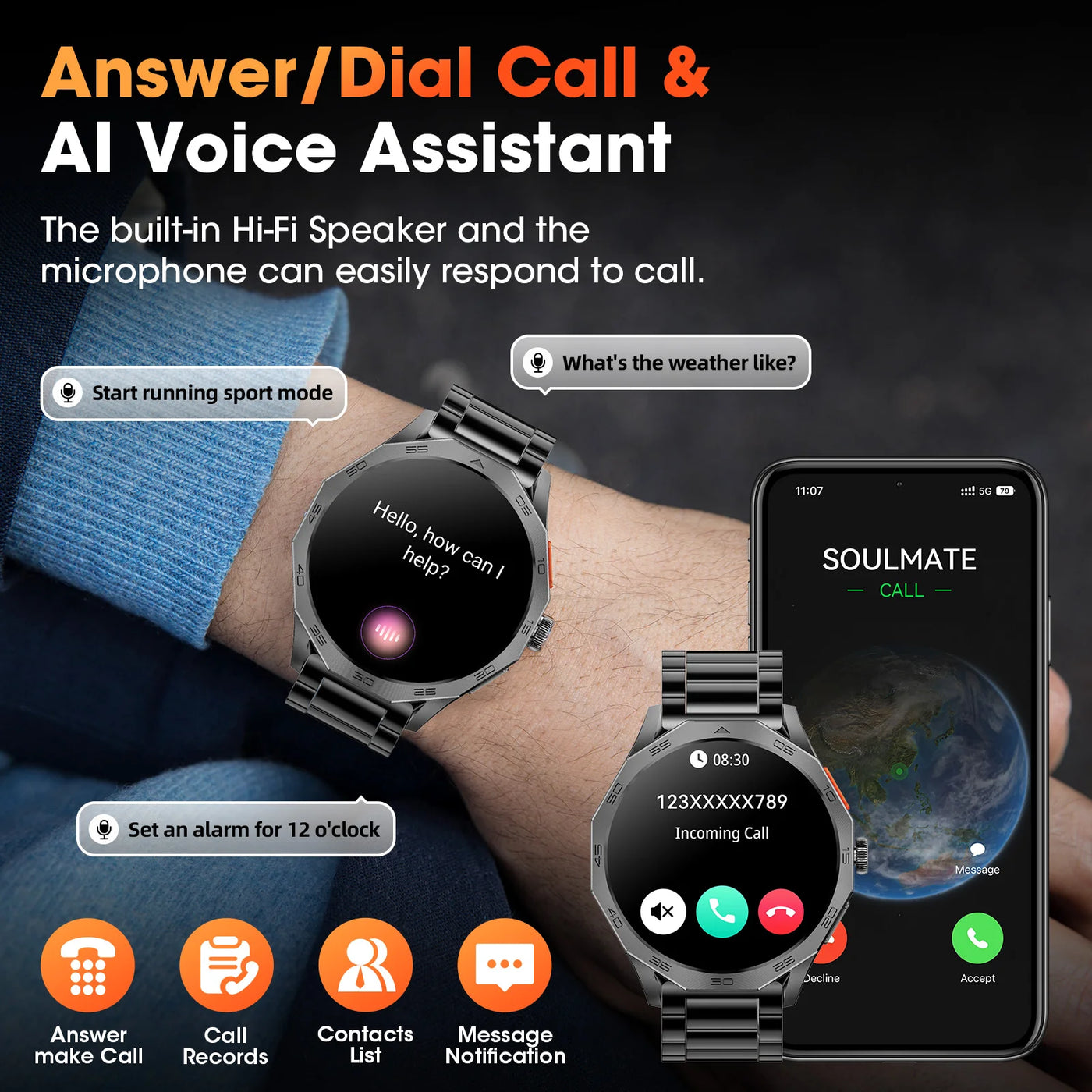 Ultra-resistant smartwatch with AI voice assistant, call features, and fitness tracking displayed on a mobile screen.