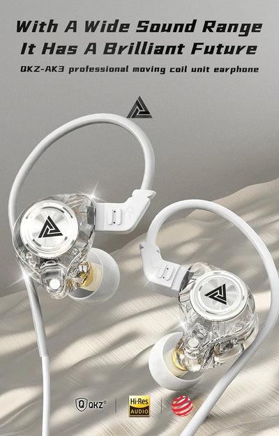 QKZ AK3 wired earphones with clear sound, dynamic design, and noise-canceling features for optimal music enjoyment.