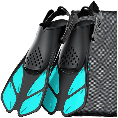 Adjustable silicone snorkel fins with black and turquoise design, perfect for swimming and scuba diving. Includes storage bag.