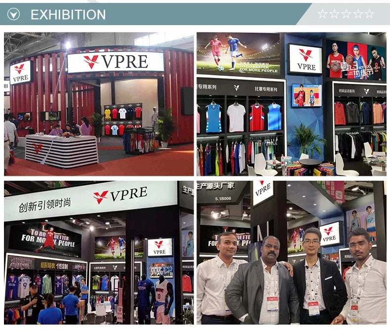 Image of VPRE booth at a trade exhibition displaying sportswear, featuring various athletic apparel and clothing.