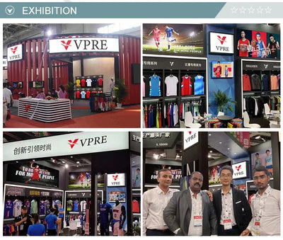 VPRE exhibition showcasing sports apparel with displays and attendees at a trade show.