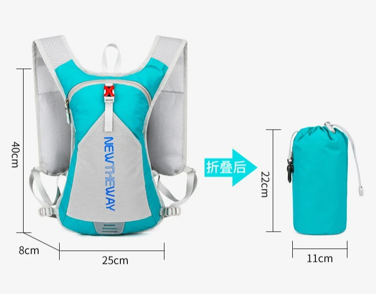 Ultralight waterproof hydration backpack for outdoor running and cycling, featuring adjustable straps and compact foldable design.
