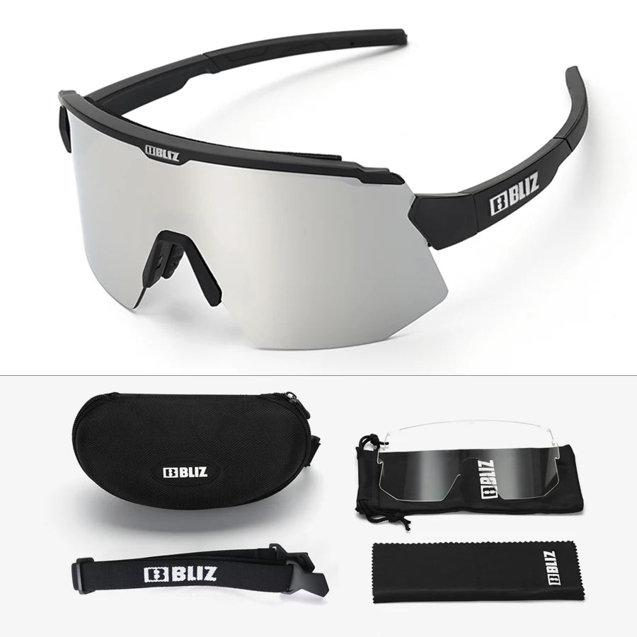 BLIZ Breeze polarized cycling glasses with UV protection, included case and cleaning cloth, designed for MTB and road biking.