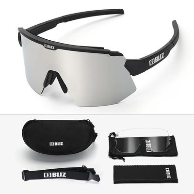 BLIZ Breeze polarized cycling glasses with UV protection, included case and cleaning cloth, designed for MTB and road biking.