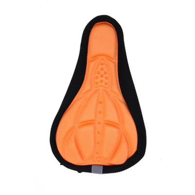 Padded bike seat cover in orange and black, designed for mountain and road cycling comfort.