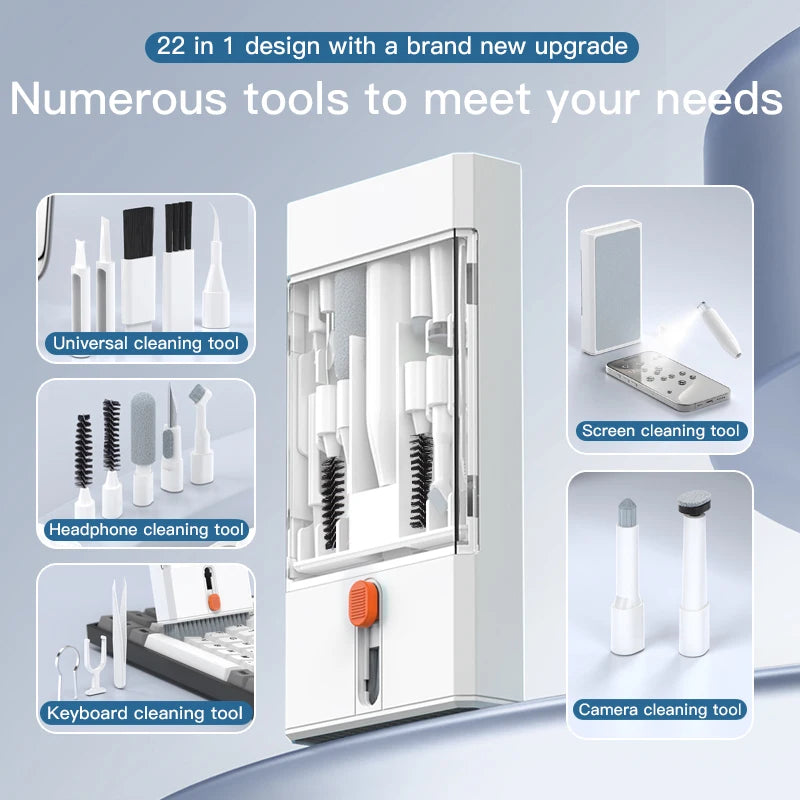 22-in-1 Multi-Function Cleaning Kit with various tools for iPhone, AirPods, iPad, camera, PC, and keyboard cleaning.