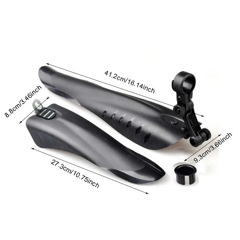 Bicycle fender set made from soft plastic for splash protection, dimensions shown, suitable for mountain bikes.