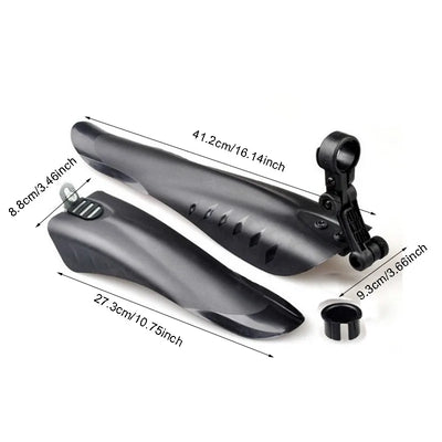 Bicycle fender set made from soft plastic for splash protection, dimensions shown, suitable for mountain bikes.