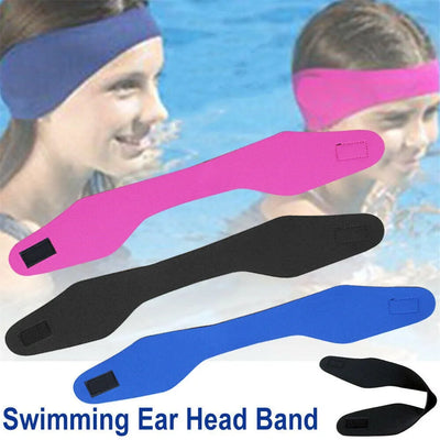 Adjustable swimming ear band in pink, black, and blue colors, ideal for water sports and ear protection.