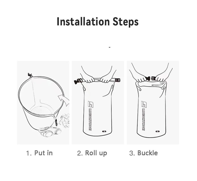 Illustration of installation steps for waterproof dry bag: 1. Put in items, 2. Roll up top, 3. Buckle securely.